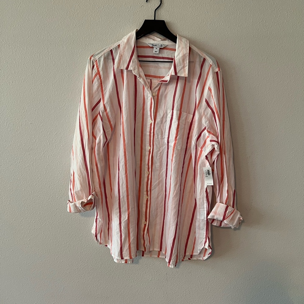 NWT Old Navy Pink and Red Striped Button-Up Shirt XXL swim & sun cover up